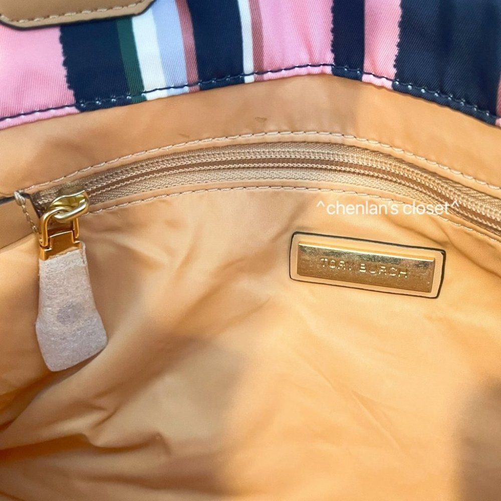 Tory Burch Navy, Pink & Tan Striped Tote - Picture 9 of 11
